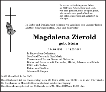 Traueranzeige von Magdalena Zierold von TRIERISCHER VOLKSFREUND