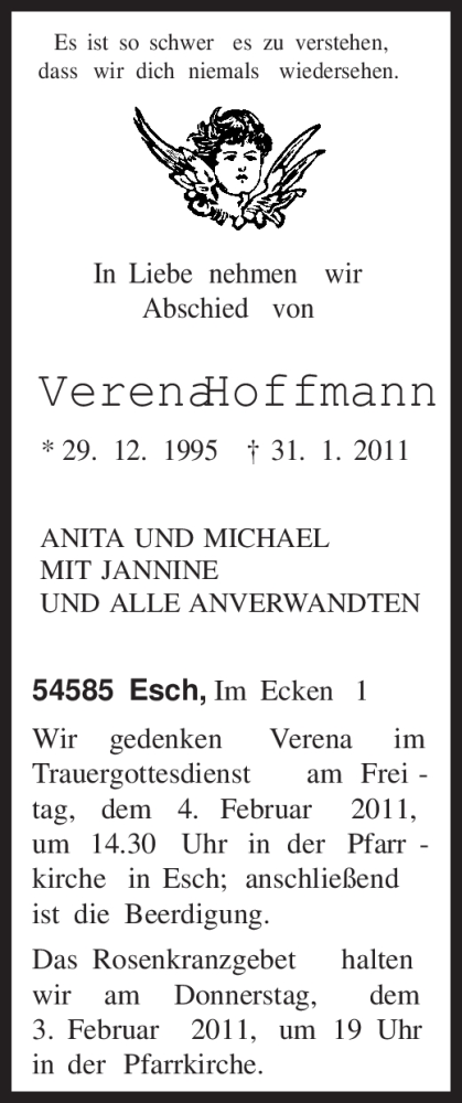  Traueranzeige für Verena Hoffmann vom 03.02.2011 aus TRIERISCHER VOLKSFREUND