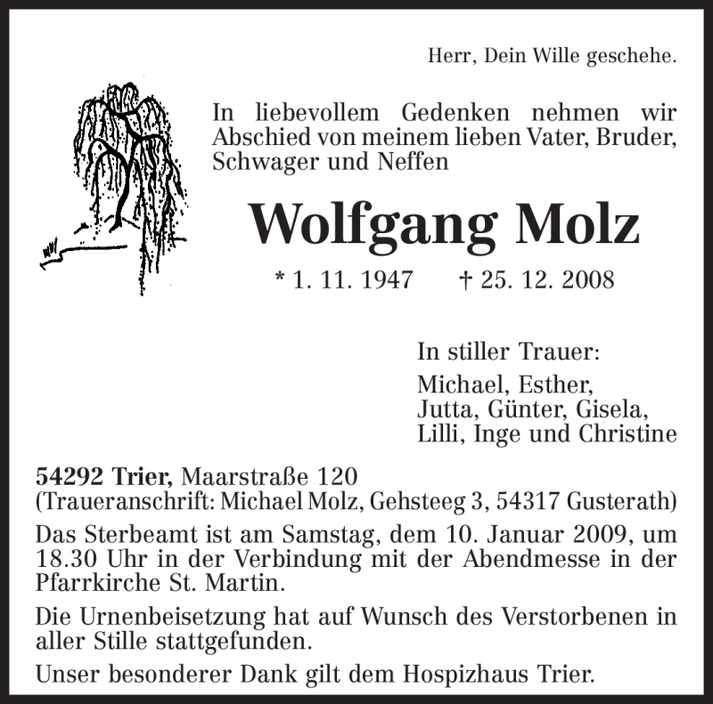  Traueranzeige für Wolfgang Molz vom 06.01.2009 aus TRIERISCHER VOLKSFREUND