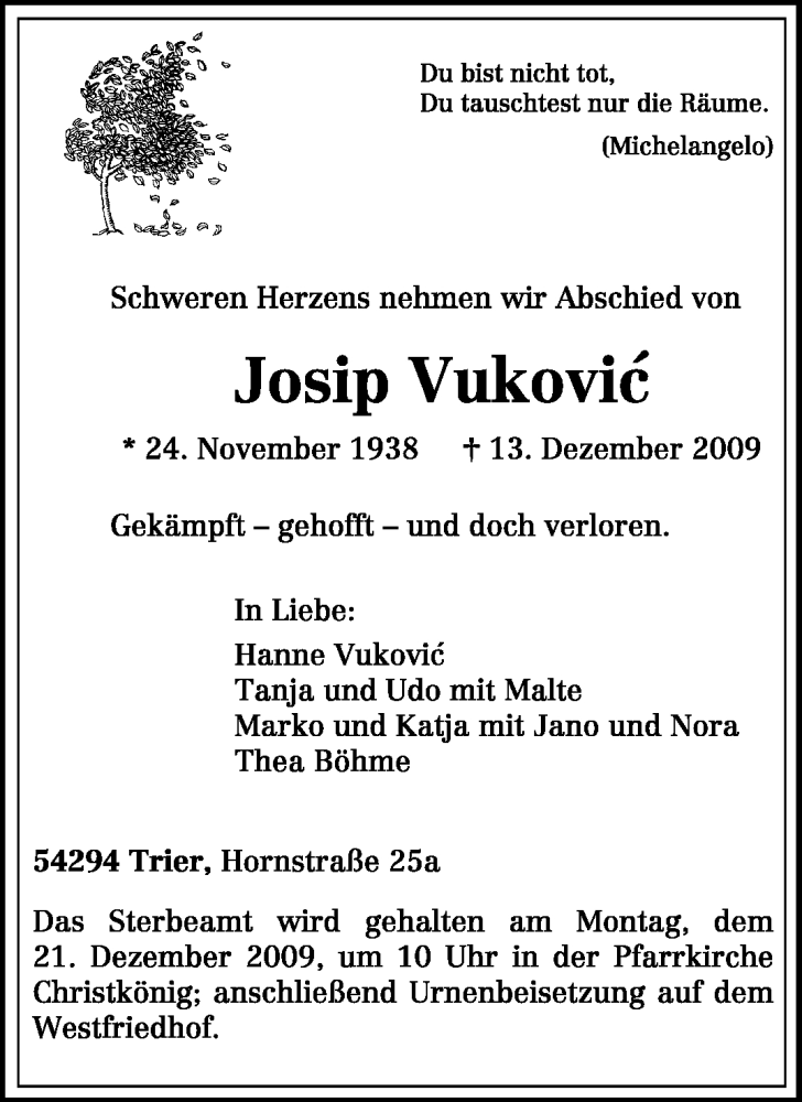  Traueranzeige für Josip Vukovic vom 16.12.2009 aus TRIERISCHER VOLKSFREUND