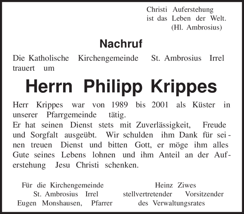  Traueranzeige für Philipp Krippes vom 30.03.2010 aus TRIERISCHER VOLKSFREUND