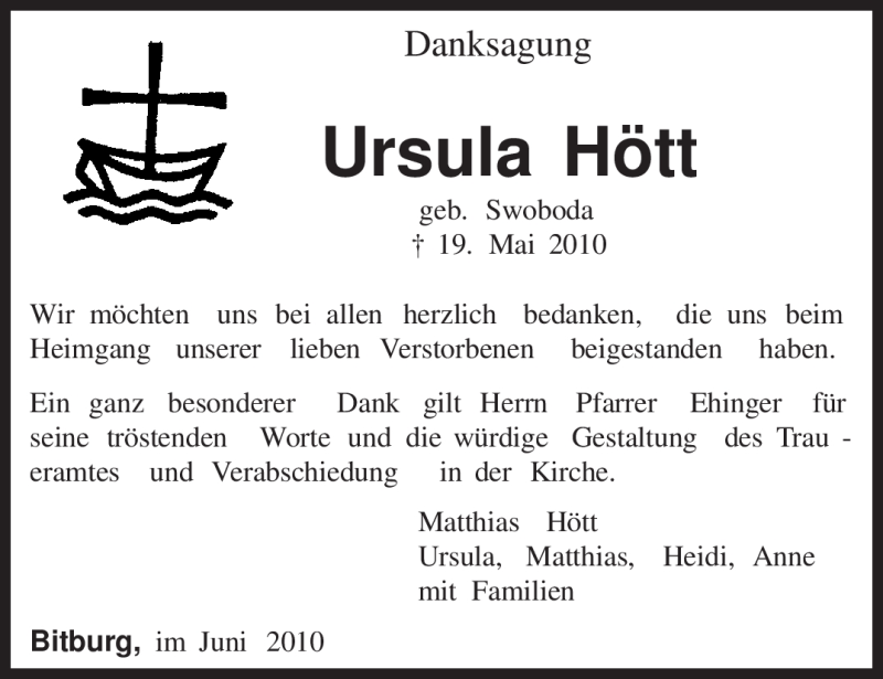  Traueranzeige für Ursula Hött vom 26.06.2010 aus TRIERISCHER VOLKSFREUND