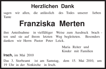 Traueranzeige von Franziska Merten von TRIERISCHER VOLKSFREUND