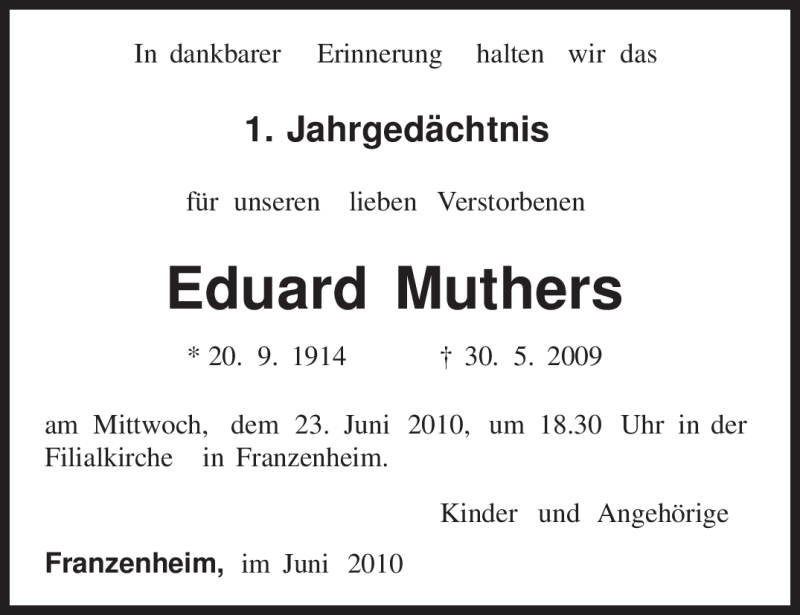  Traueranzeige für Eduard Muthers vom 19.06.2010 aus TRIERISCHER VOLKSFREUND