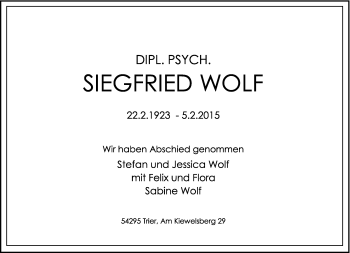 Traueranzeige von Siegfried Wolf von trierischer_volksfreund