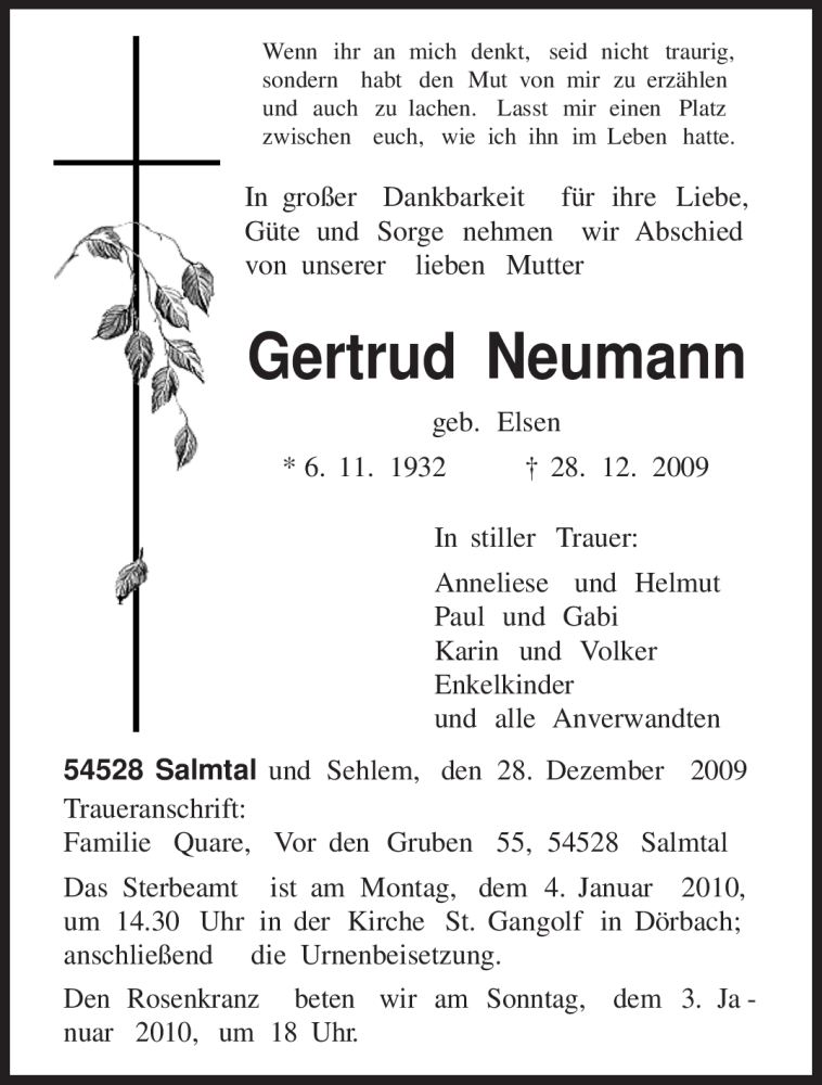 Traueranzeigen von Gertrud Neumann | Volksfreund.Trauer.de