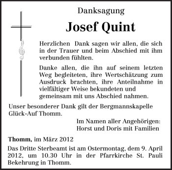Traueranzeige von Josef Quint von TRIERISCHER VOLKSFREUND