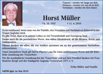 Traueranzeige von Horst Müller von TRIERISCHER VOLKSFREUND