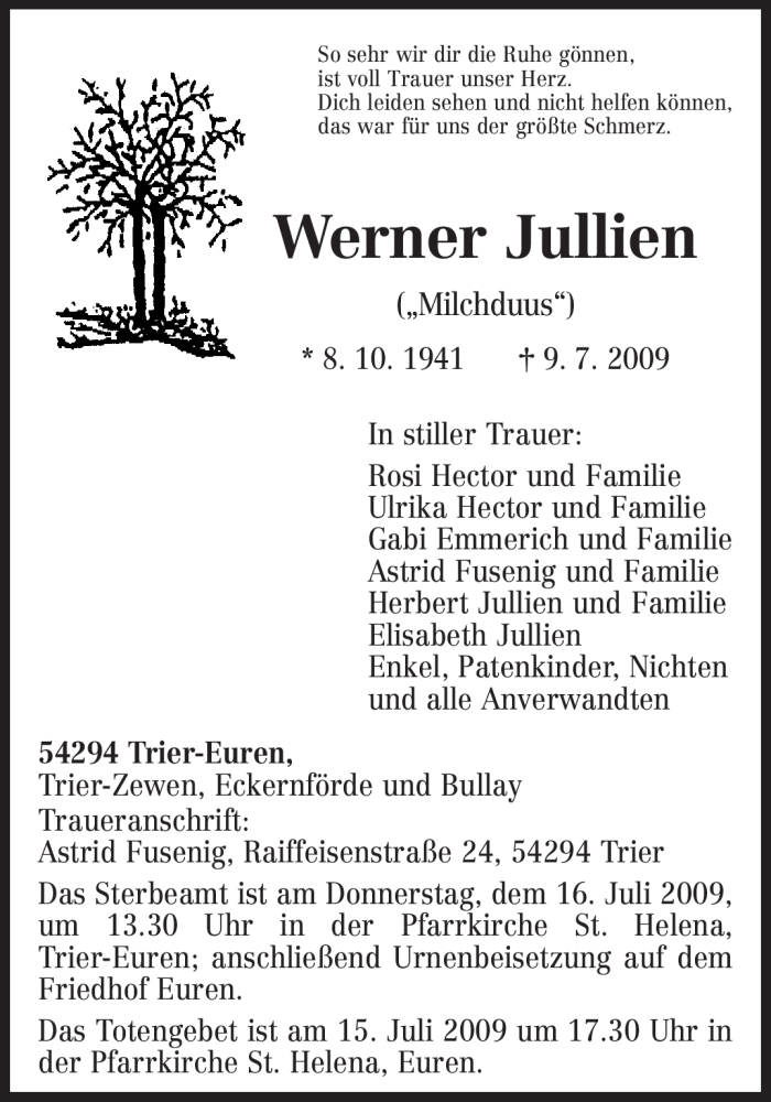  Traueranzeige für Werner Jullien vom 13.07.2009 aus TRIERISCHER VOLKSFREUND