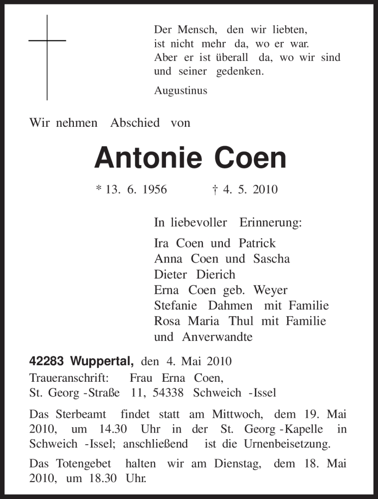  Traueranzeige für Antonie Coen vom 17.05.2010 aus TRIERISCHER VOLKSFREUND