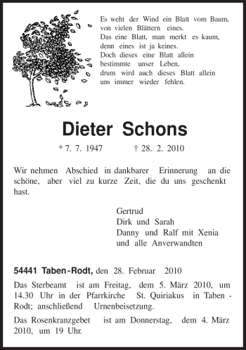 Traueranzeige von Dieter Schons von TRIERISCHER VOLKSFREUND