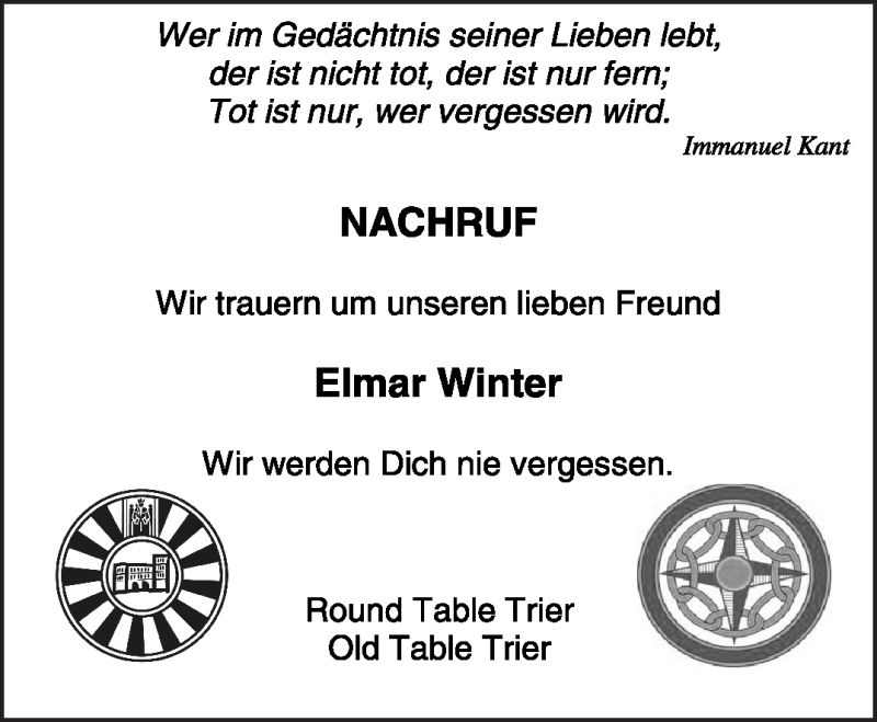  Traueranzeige für Elmar Winter vom 19.01.2011 aus TRIERISCHER VOLKSFREUND