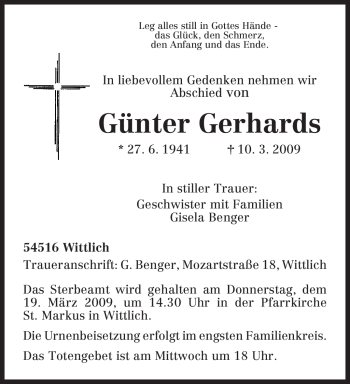Traueranzeige von Günter Gerhards von TRIERISCHER VOLKSFREUND