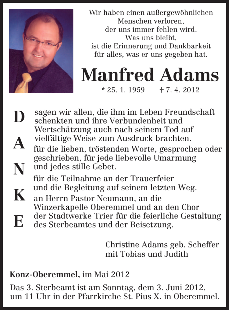  Traueranzeige für Manfred Adams vom 29.05.2012 aus TRIERISCHER VOLKSFREUND