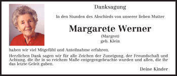 Traueranzeige von Margarete Werner von TRIERISCHER VOLKSFREUND