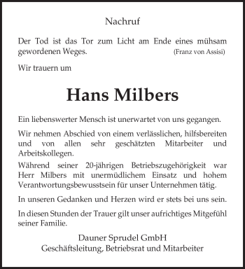 Traueranzeige von Hans Milbers von TRIERISCHER VOLKSFREUND