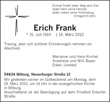 Traueranzeige von Erich Frank von TRIERISCHER VOLKSFREUND
