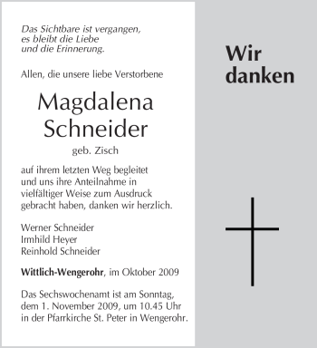 Traueranzeige von Magdalena Schneider von TRIERISCHER VOLKSFREUND