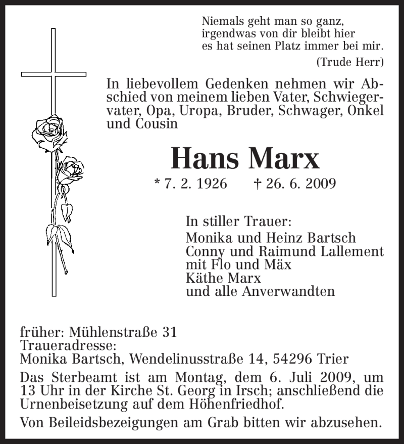  Traueranzeige für Hans Marx vom 01.07.2009 aus TRIERISCHER VOLKSFREUND