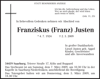 Traueranzeige von Franziskus Justen von TRIERISCHER VOLKSFREUND