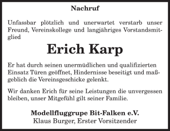Traueranzeige von Erich Karp von TRIERISCHER VOLKSFREUND