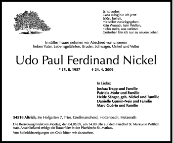 Traueranzeige von Udo Paul Ferdinand Nickel von TRIERISCHER VOLKSFREUND