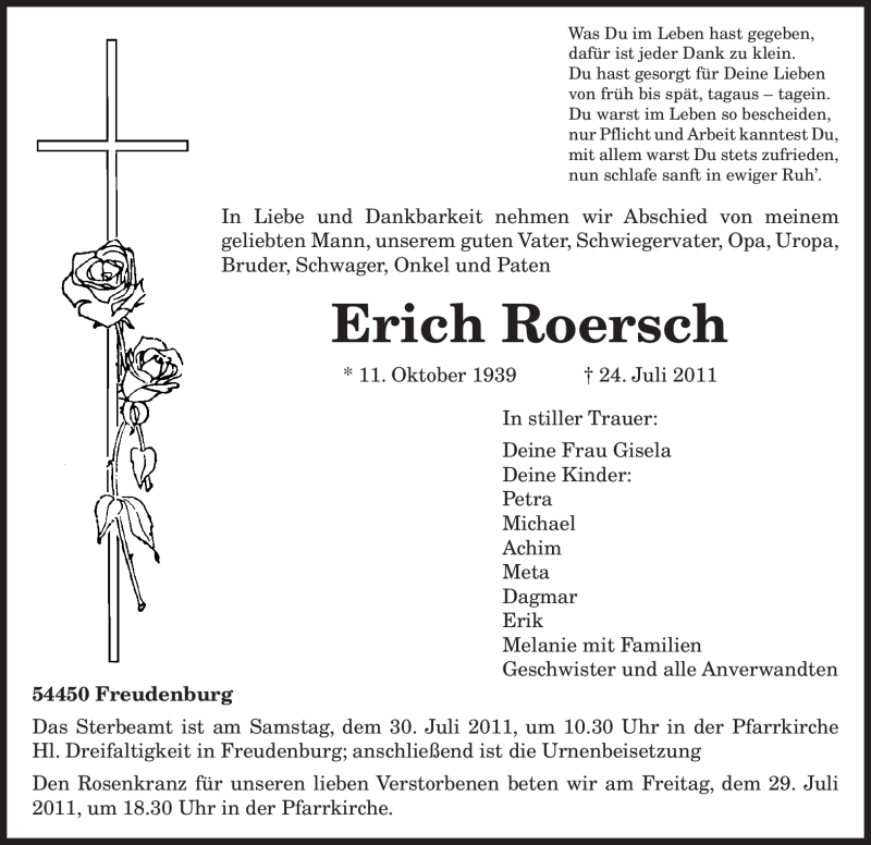  Traueranzeige für Erich Roersch vom 28.07.2011 aus TRIERISCHER VOLKSFREUND