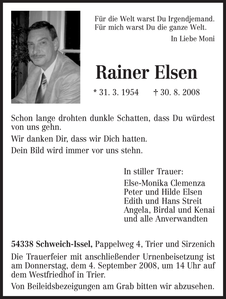  Traueranzeige für Rainer Elsen vom 03.09.2008 aus TRIERISCHER VOLKSFREUND