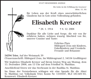 Traueranzeige von Elisabeth Kretzer von TRIERISCHER VOLKSFREUND