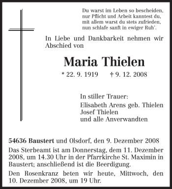 Traueranzeige von Maria Thielen von TRIERISCHER VOLKSFREUND