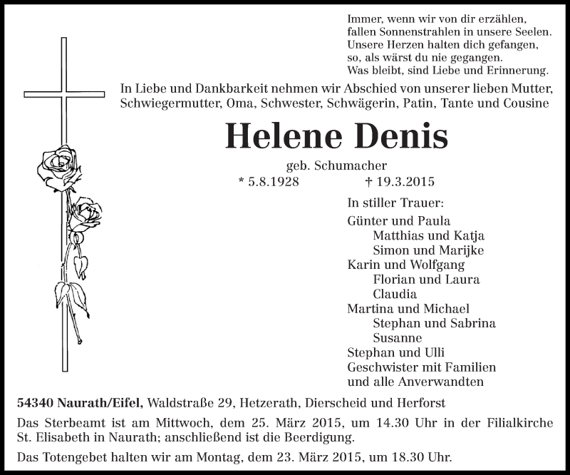  Traueranzeige für Helene Denis vom 21.03.2015 aus trierischer_volksfreund