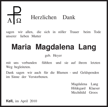 Traueranzeige von Maria Magdalena Lang von TRIERISCHER VOLKSFREUND