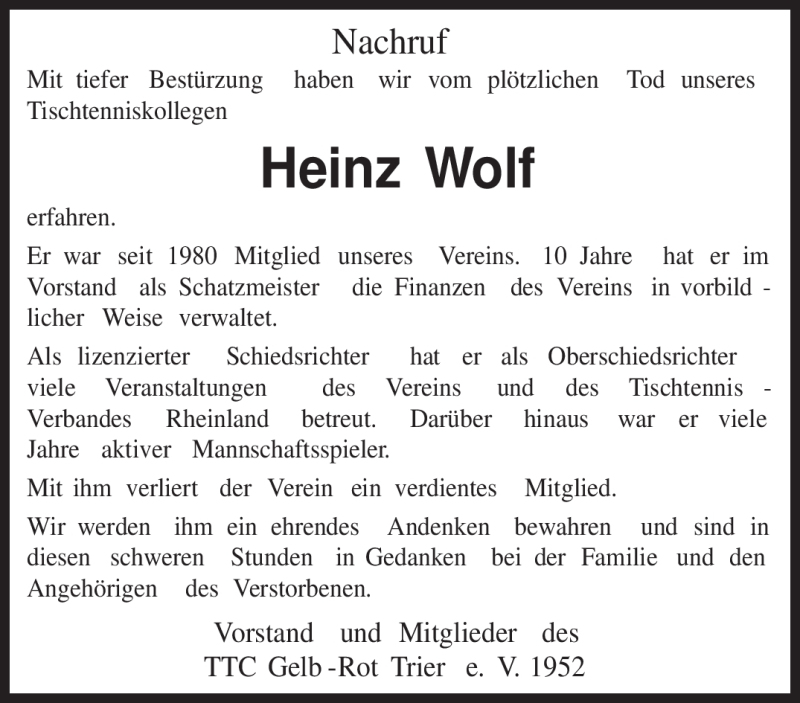  Traueranzeige für Heinz Wolf vom 21.12.2009 aus TRIERISCHER VOLKSFREUND