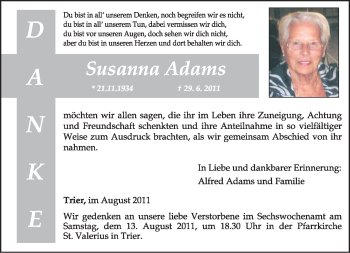 Traueranzeige von Susanna Adams von TRIERISCHER VOLKSFREUND