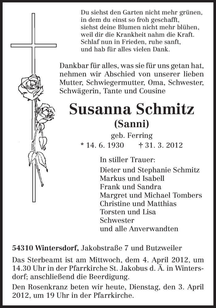  Traueranzeige für Susanna Schmitz vom 03.04.2012 aus TRIERISCHER VOLKSFREUND