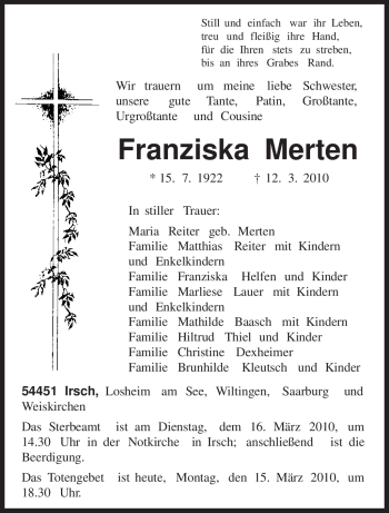 Traueranzeige von Franziska Merten von TRIERISCHER VOLKSFREUND