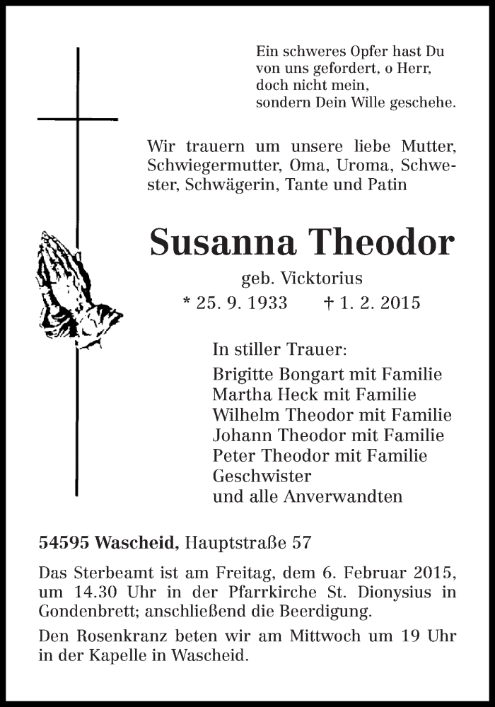  Traueranzeige für Susanna Theodor vom 03.02.2015 aus trierischer_volksfreund