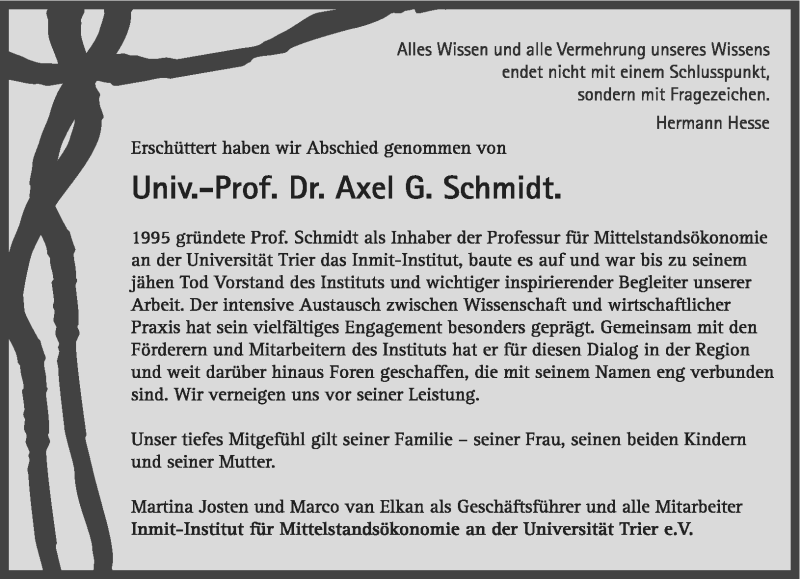  Traueranzeige für Axel G. Schmidt vom 27.12.2010 aus TRIERISCHER VOLKSFREUND
