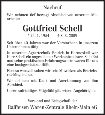 Traueranzeige von Gottfried Schell von TRIERISCHER VOLKSFREUND
