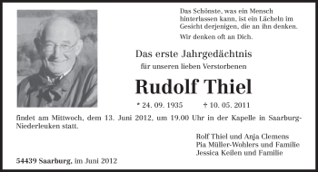 Traueranzeige von Rudolf Thiel von TRIERISCHER VOLKSFREUND