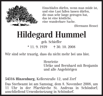 Traueranzeige von Hildegard Hummel von TRIERISCHER VOLKSFREUND