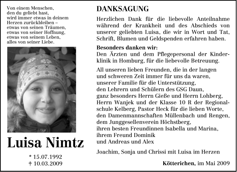  Traueranzeige für Luisa Nimtz vom 13.05.2009 aus TRIERISCHER VOLKSFREUND