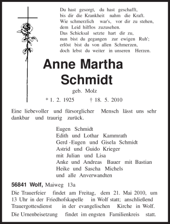 Traueranzeige von Anne Martha Schmidt von TRIERISCHER VOLKSFREUND