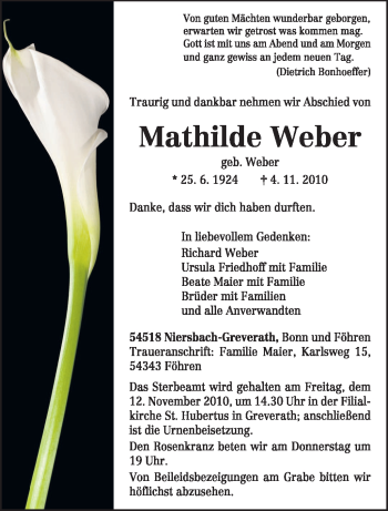 Traueranzeige von Mathilde Weber von TRIERISCHER VOLKSFREUND