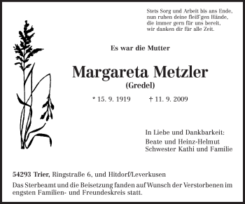 Traueranzeige von Margareta Metzler von TRIERISCHER VOLKSFREUND