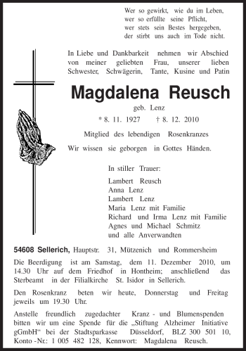 Traueranzeige von Magdalena Reusch von TRIERISCHER VOLKSFREUND