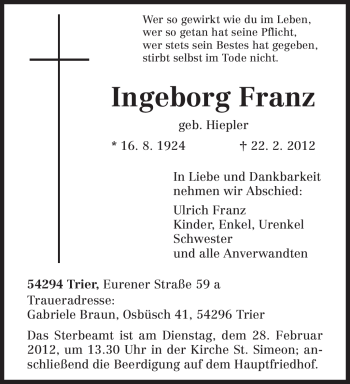 Traueranzeige von Ingeborg Franz von TRIERISCHER VOLKSFREUND