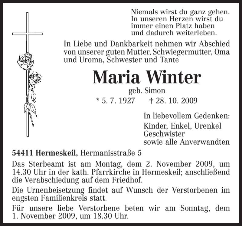  Traueranzeige für Maria Winter vom 30.10.2009 aus TRIERISCHER VOLKSFREUND