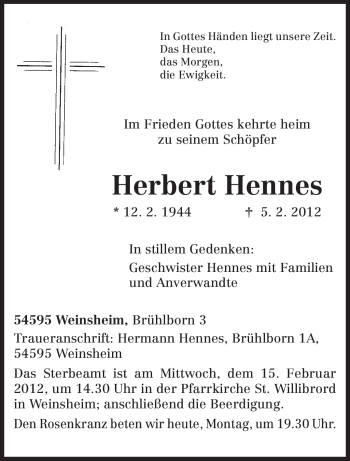 Traueranzeige von Herbert Hennes von TRIERISCHER VOLKSFREUND