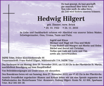 Traueranzeige von Hedwig Hilgert von TRIERISCHER VOLKSFREUND